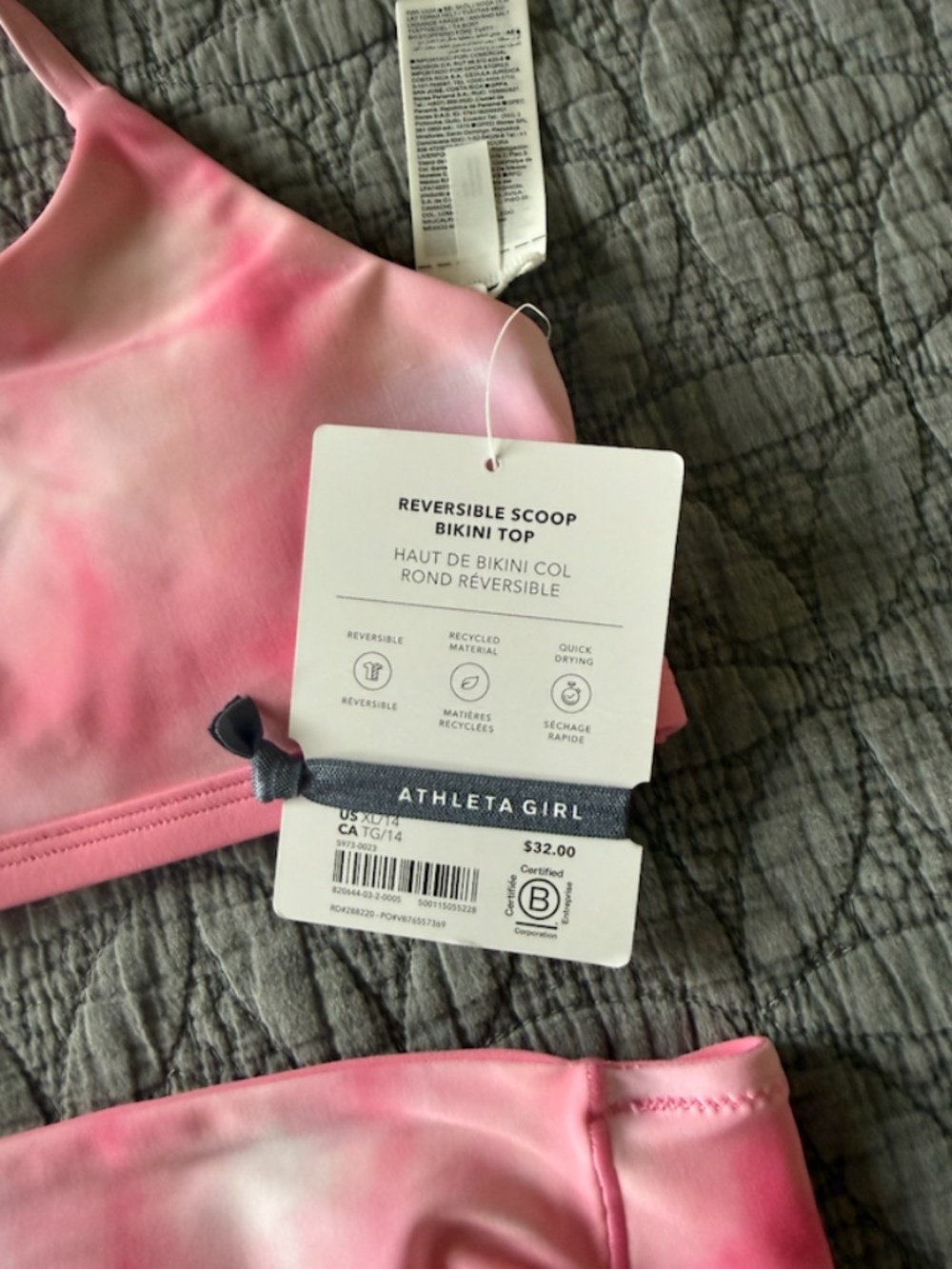 Athleta Girl Reversible Pink / Tie Dye Scoop Bikini Top + Mid Rise Bottom NWT - Picture 3 of 3